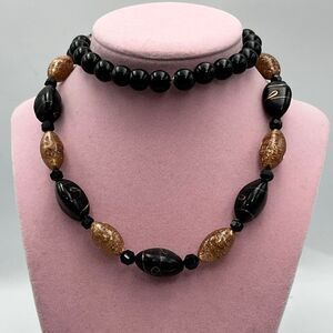 long black Murano Italian hand blown glass gold beaded Necklace
